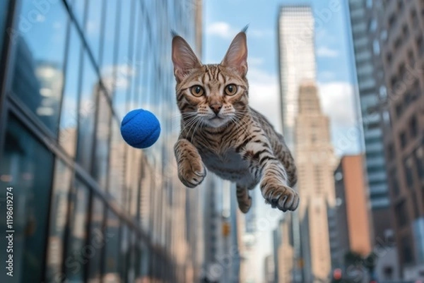 Fototapeta Dynamic DSLR photo showcasing Savannah cat leaping in city