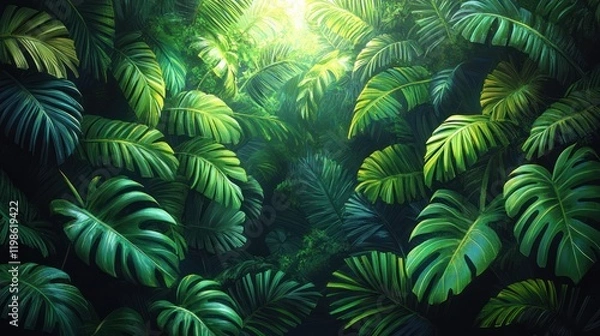 Fototapeta Lush tropical foliage with vibrant green leaves illuminated by sunlight filtering through the canopy