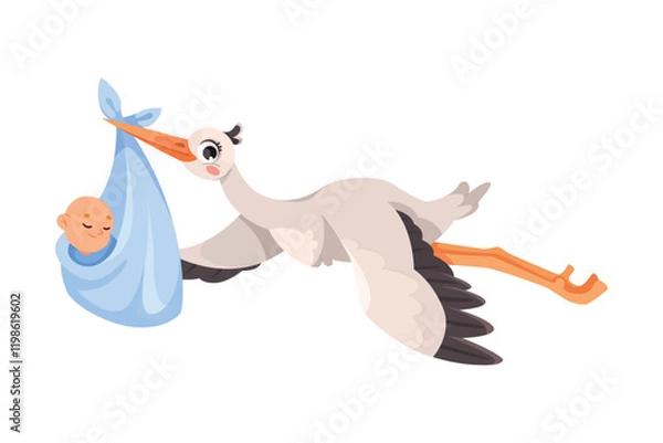 Obraz Stork Carry Baby in Wrap with Beak Vector Illustration