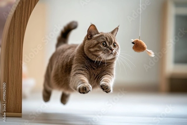 Fototapeta Dynamic DSLR photo capturing Scottish Fold cat leaping for toy
