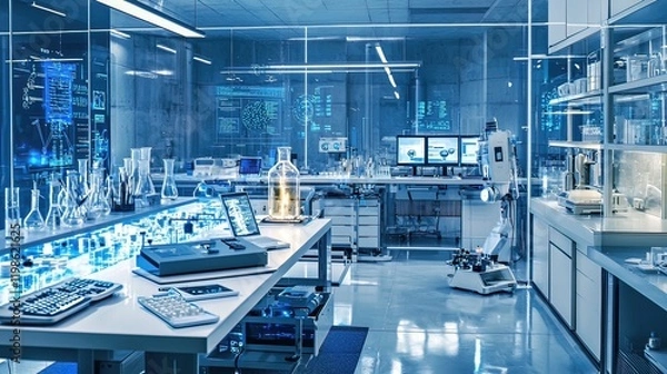 Fototapeta Modern science lab; research, technology, innovation; futuristic equipment; data analysis