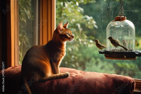 Fototapeta Abyssinian cat watches birds from plush window seat