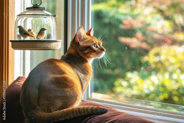 Fototapeta Abyssinian cat watches birds from plush window seat