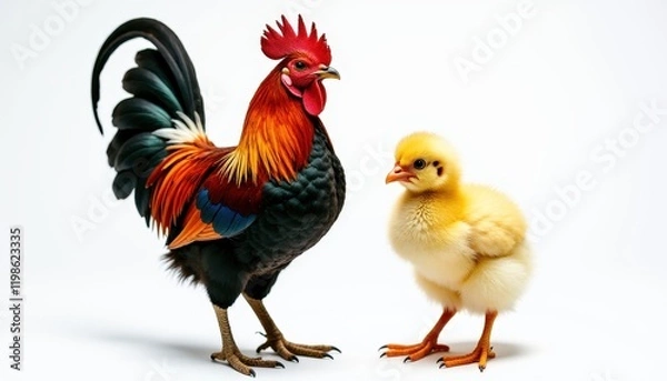 Fototapeta Majestic Rooster and Fluffy Chickling Vibrant Poultry Duo on White Background