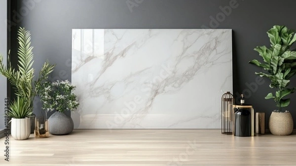 Fototapeta Modern apartment, marble mockup, plants, interior design