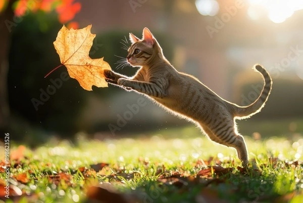 Fototapeta Dynamic DSLR photo of Abyssinian cat pouncing on a maple leaf in sunlight