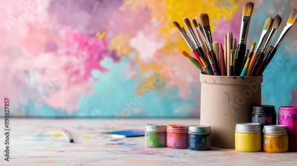 Obraz Colorful paintbrushes, paints, and canvas; art studio background; creative hobby