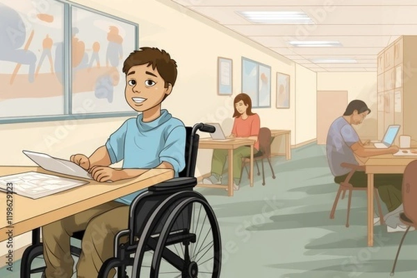 Fototapeta Handicapped student in a classroom using a wheelchair during an inclusive educational activity in a modern school environment