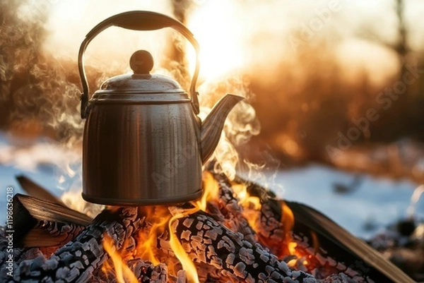 Fototapeta A kettle sits on glowing embers, steaming in the warm light of sunset, creating a cozy and inviting outdoor atmosphere.