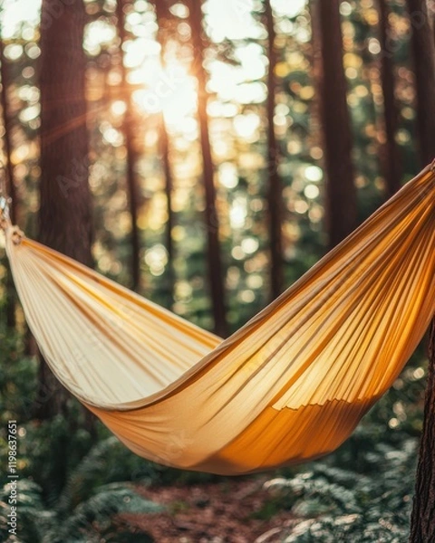 Fototapeta A hammock hangs between trees in a serene forest, illuminated by soft sunlight filtering through the leaves.