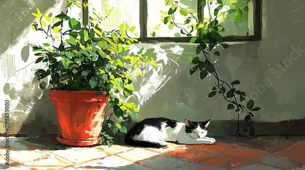 Fototapeta A serene painting of a tuxedo cat napping peacefully in sunlit room, nestled between potted plants near a window.