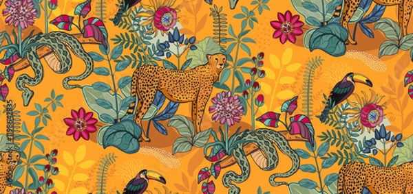 Fototapeta Vector seamless pattern with tropical plants and flowers, wild animals and birds