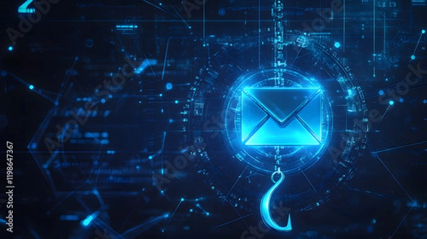 Fototapeta Digital fishing hook with glowing blue email icon, symbolizing phishing attacks in cybersecurity. futuristic design highlights technology and security themes