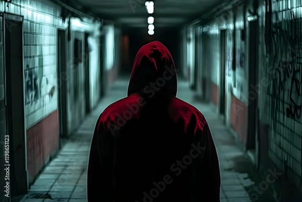 Fototapeta Hooded Figure Walks Down Dark Hallway with Graffiti, Creating Mystery and Suspense