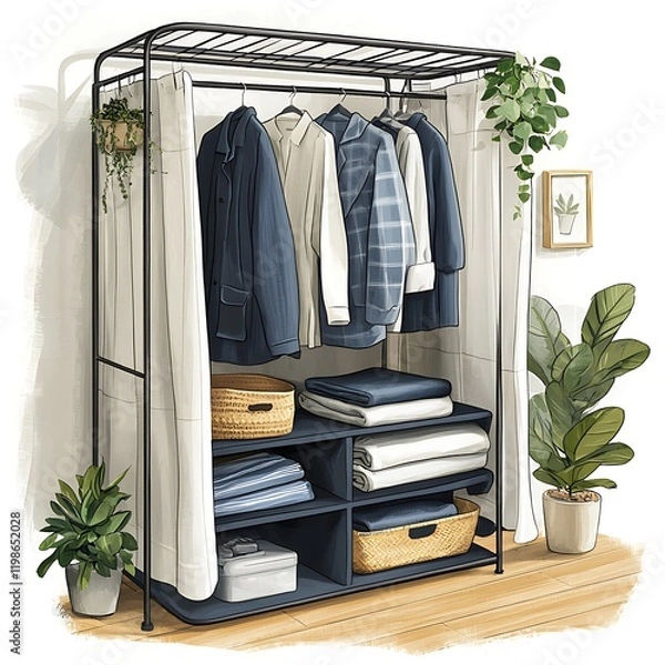 Fototapeta Stylish Modern Clothing Rack with Plants and Organized Storage in a Minimalist Room.