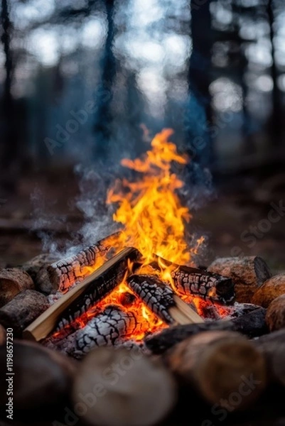 Fototapeta A glowing campfire surrounded by logs in a forest, creating a warm and inviting atmosphere.