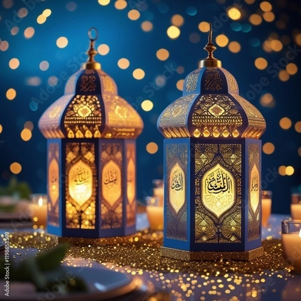 Fototapeta Couple of glowing Moroccan ornamental lanterns on the table. Greeting card, invitation for Muslim holy month Ramadan Kareem. Festive blue night background with glittering golden bokeh lights.. generat