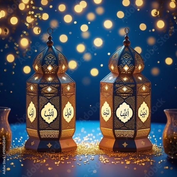 Fototapeta Couple of glowing Moroccan ornamental lanterns on the table. Greeting card, invitation for Muslim holy month Ramadan Kareem. Festive blue night background with glittering golden lights. generative Ai 
