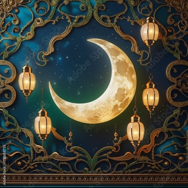 Fototapeta Islamic decoration background with lantern and crescent moon luxury style. Generative Ai 