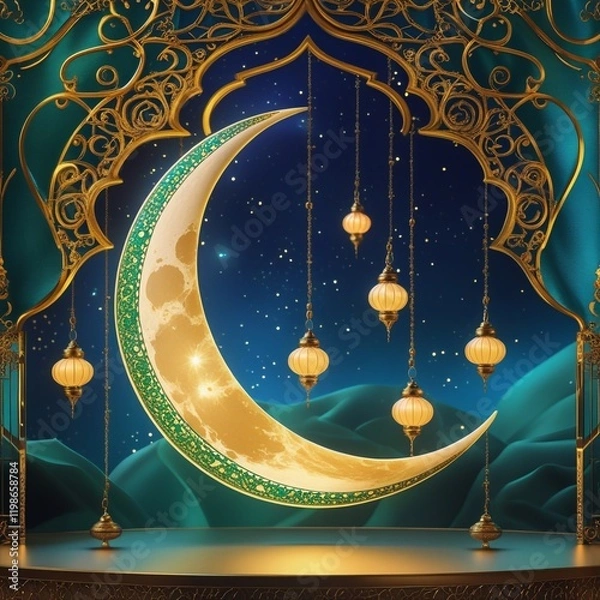 Fototapeta Islamic decoration background with lantern and crescent moon luxury style, generative Ai 