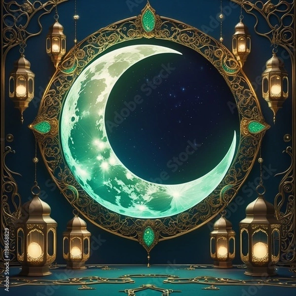 Fototapeta Islamic decoration background with lantern and crescent moon luxury style, generative Ai 