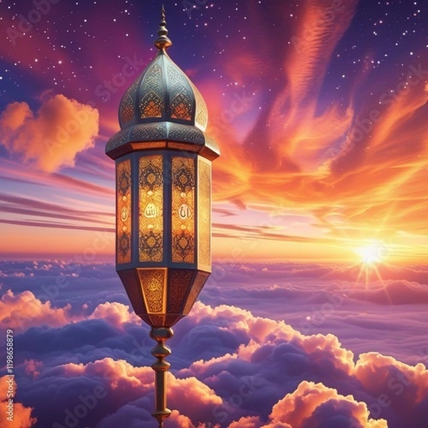 Fototapeta New 2025 Eid Mubarak background design, Ramadan Lantern Lamp with sunset sky, Islamic concept image. Generative Ai 