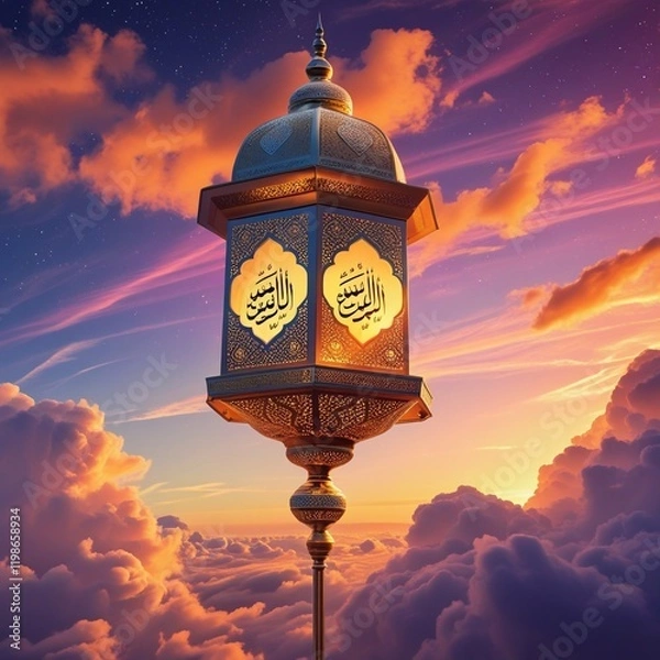Fototapeta New 2025 Eid Mubarak background design, Ramadan Lantern Lamp with sunset sky, Islamic concept image. Generative Ai 