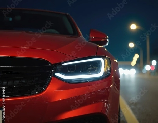 Obraz A detailed close up view of a striking red cars headlight at night