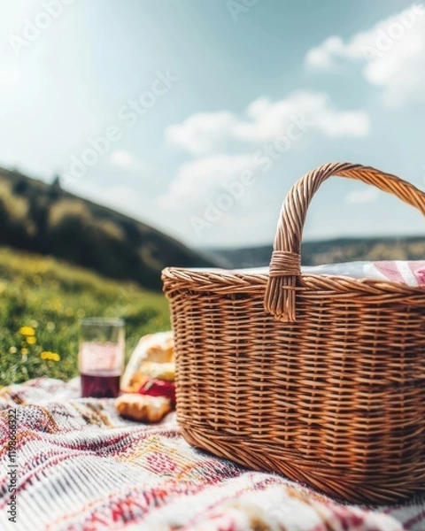 Fototapeta A picnic basket on a blanket in a sunny meadow, with a glass of juice and a scenic background of hills and blue sky.