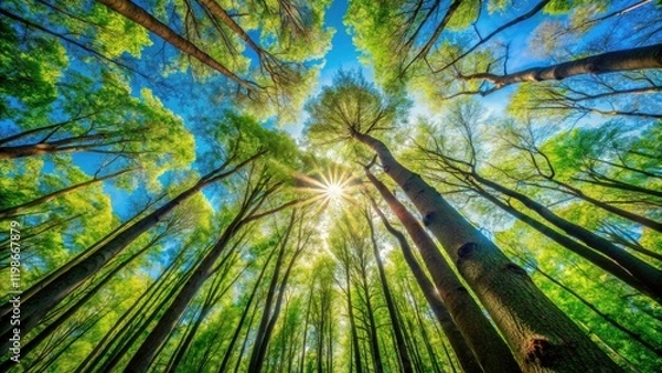 Fototapeta Serene Forest Macro Photography: Tall Trees Swaying Gently in Blue Sky - Nature Image