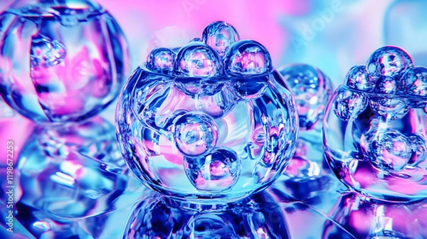 Fototapeta Translucent Spheres with Bubbles in Vibrant Hues on Reflective Surface