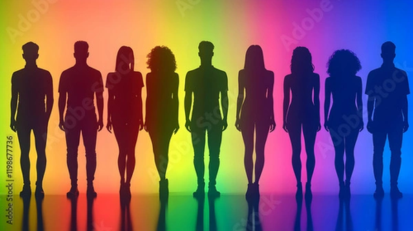 Obraz Silhouettes of Diverse People Stand Against a Vibrant Rainbow Gradient Backdrop Reflecting Unity and Diversity.