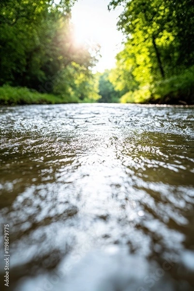 Fototapeta A serene river scene reflecting sunlight, surrounded by lush greenery, showcasing the tranquility of nature.