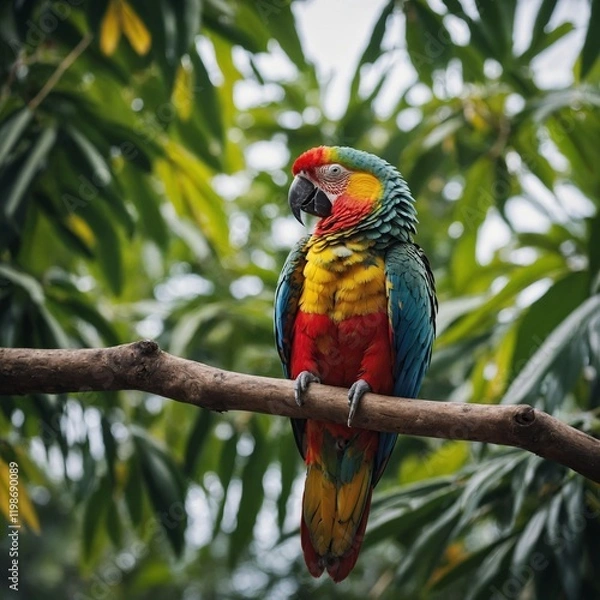 Obraz A colorful parrot sitting on a branch with its feathers glistening.