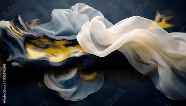 Fototapeta Flowing translucent white chiffon, vibrant yellow berries, and textured dark wood enhanced by subtle line and grainy effects, ideal for use in interior design, digital backgrounds, print media, decora