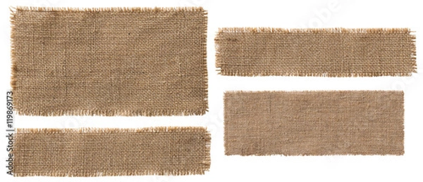 Obraz Kawałki etykiety z płótna jutowego, rustykalna szmatka z tkaniny jutowej