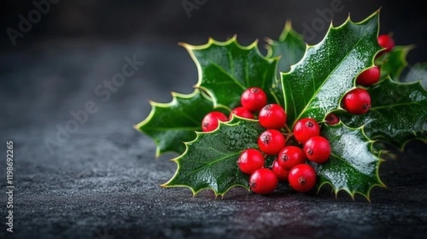 Fototapeta A close-up of holly leaves and red berries on a dark surface, evoking a festive atmosphere.