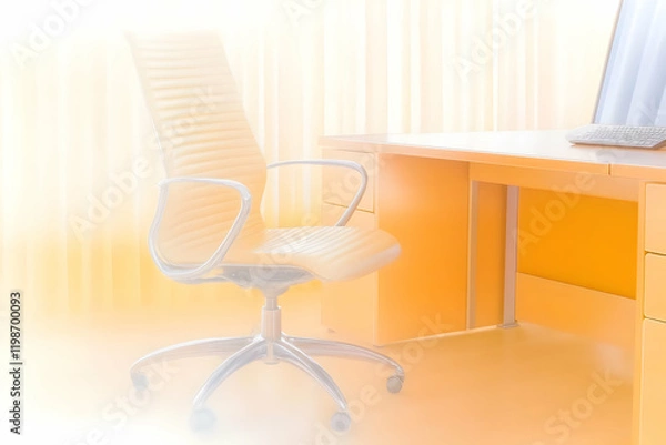 Fototapeta Modern Office Interior Shows Desk, Chair, and Computer Efficiently Illuminated in Warm Light.