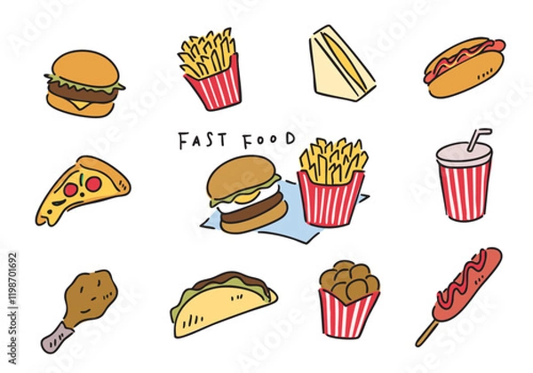 Obraz カラフルなファーストフードのアイコンセット