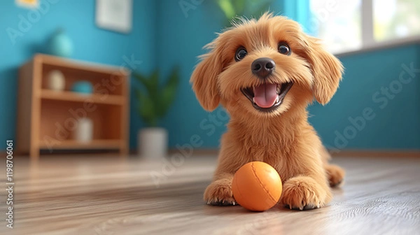Fototapeta A cheerful cartoon dog playing with a ball on the house floor, cute and playful style, vibrant colors, joyful atmosphere, simple background, cartoon art style, wholesome scene
