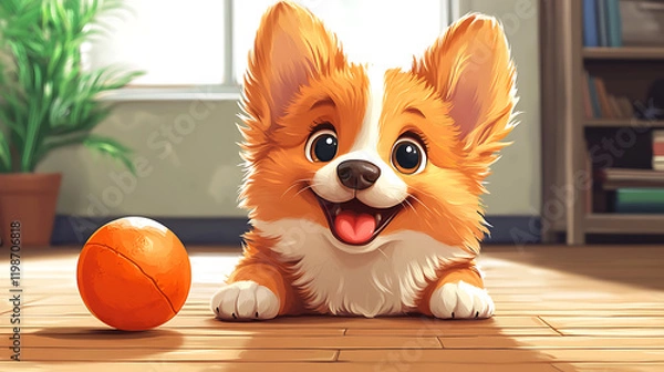 Fototapeta A cheerful cartoon dog playing with a ball on the house floor, cute and playful style, vibrant colors, joyful atmosphere, simple background, cartoon art style, wholesome scene