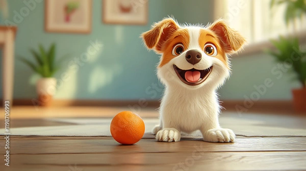 Fototapeta A cheerful cartoon dog playing with a ball on the house floor, cute and playful style, vibrant colors, joyful atmosphere, simple background, cartoon art style, wholesome scene