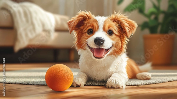 Fototapeta A cheerful cartoon dog playing with a ball on the house floor, cute and playful style, vibrant colors, joyful atmosphere, simple background, cartoon art style, wholesome scene