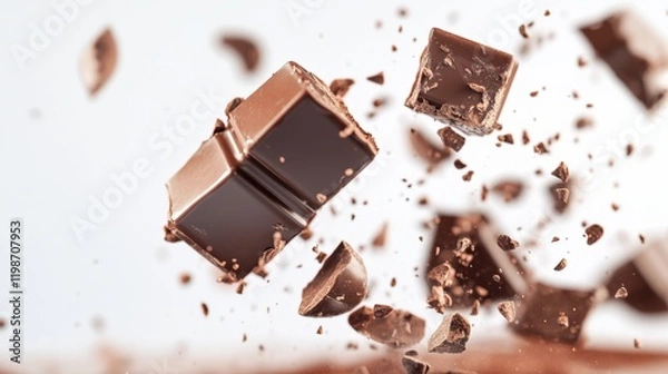 Obraz delicious dark chocolate pieces exploding on a white background