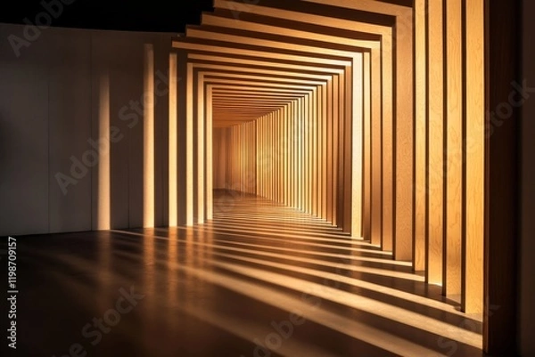 Fototapeta Sunlit corridor with wooden beams casting geometric shadows, showcasing modern architecture and minimalist design.