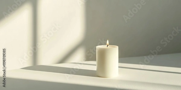 Fototapeta A candle is lit on a table in front of a window. The candle is white and the light from the sun is shining on it