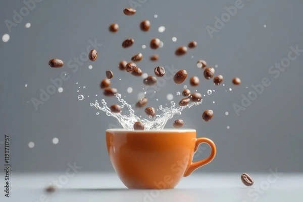 Fototapeta coffee beans splashing into an orange mug with milk
