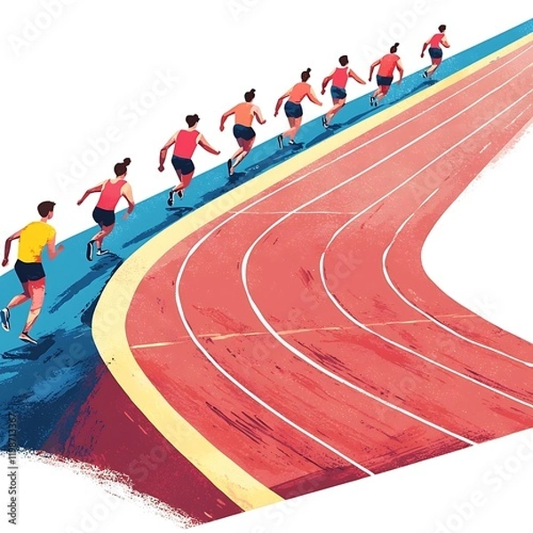 Fototapeta Runners sprinting on a stylized running track, illustrating competition and the pursuit of victory.