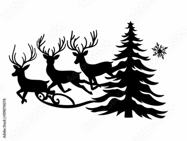 Fototapeta Three Majestic Deer Leap Gracefully Past a Pine Tree in a Winter Wonderland Scene