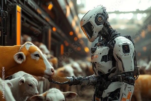Fototapeta "Futuristic Robot Caretaker: Feeding Animals in a Technological World Where Robotics Meet Nature"